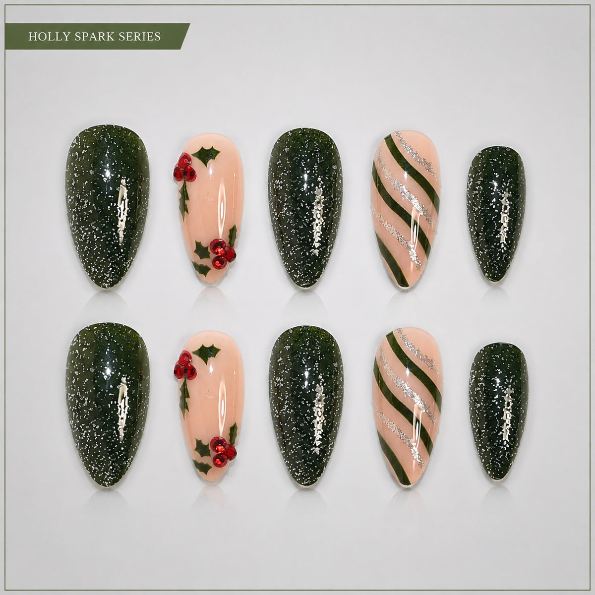 24pcs/Set Glitter Holly & Red Berries Press-On Nails