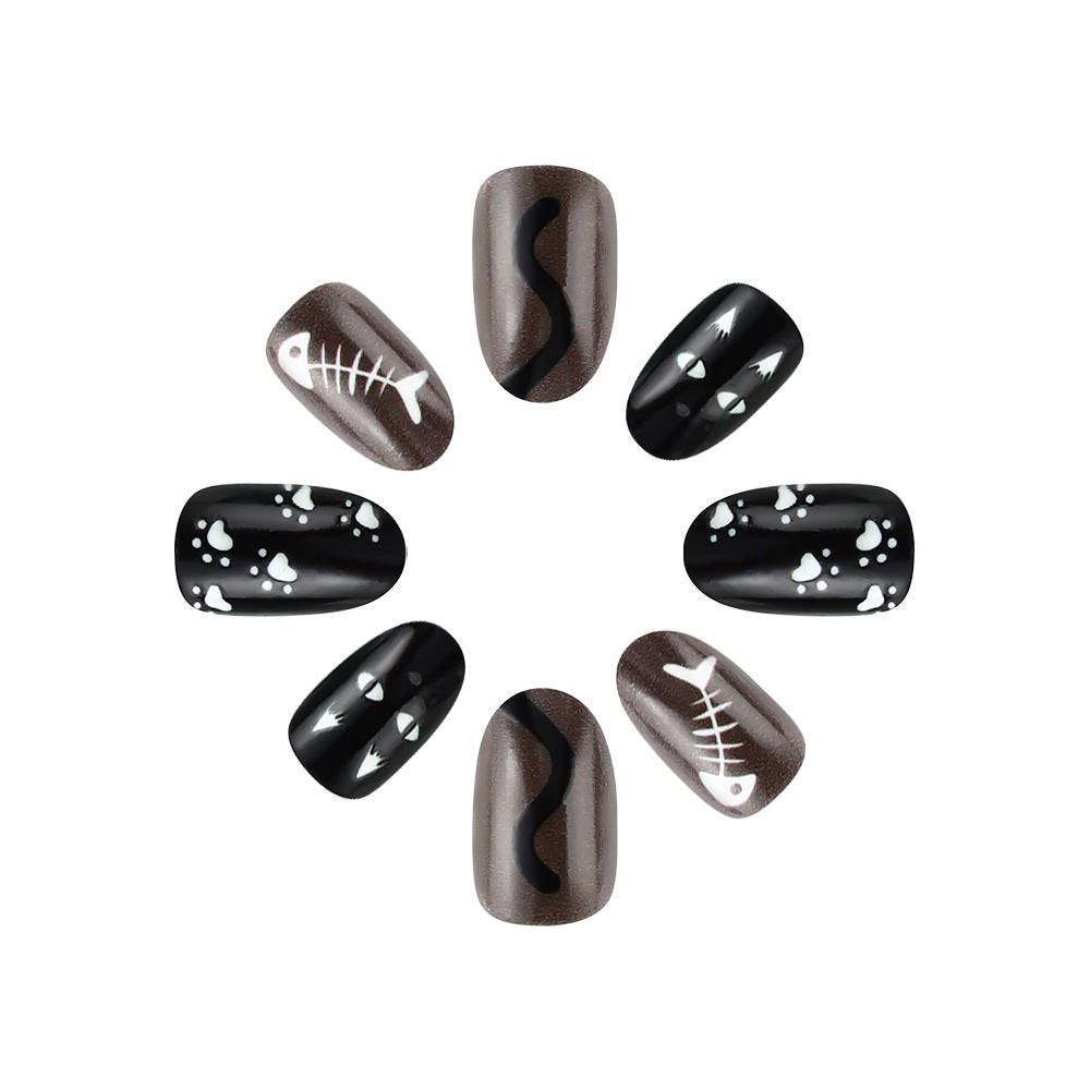 24pcs/Set Black & White Cat Paws Press On Nails