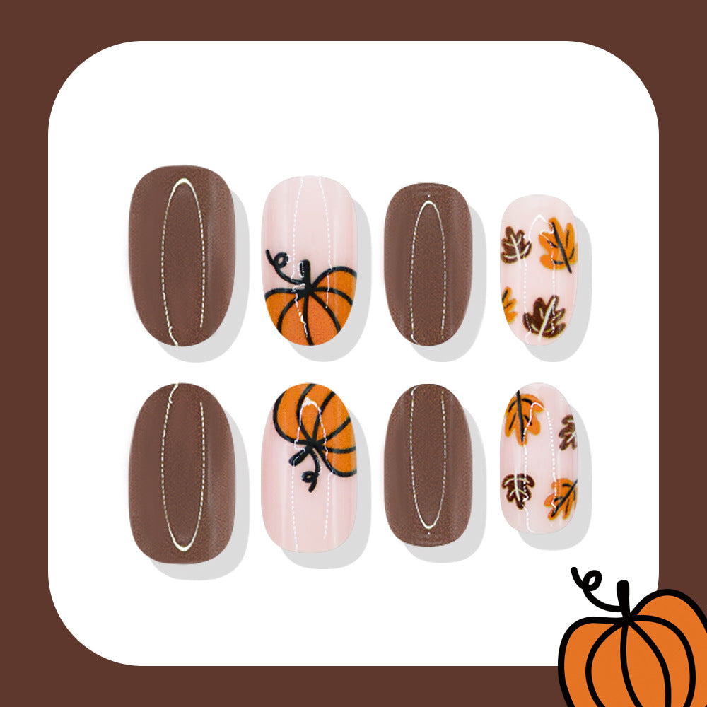 24pcs/Set Maple Leaf Pumpkin Brown Press On Nails