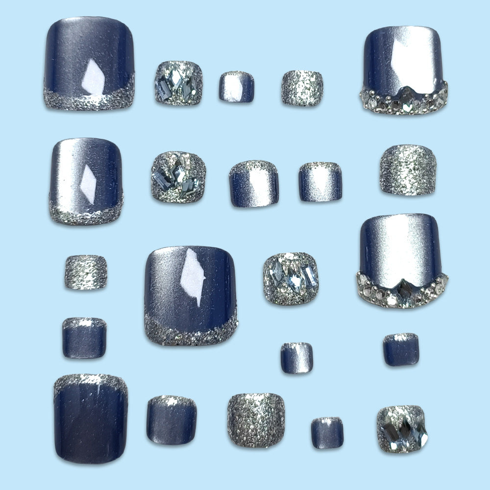 24pcs/Set Deep Blue Cat Eye with Rhinestones Press On Toe Nails