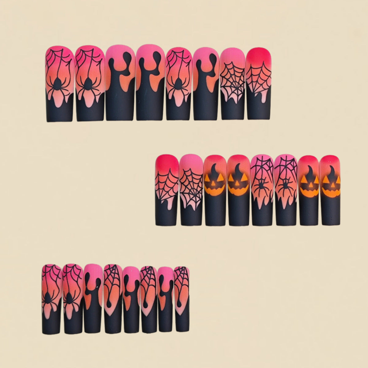 24pcs/Set Black & Pink Ombre Pumpkin Spider Press On Nails