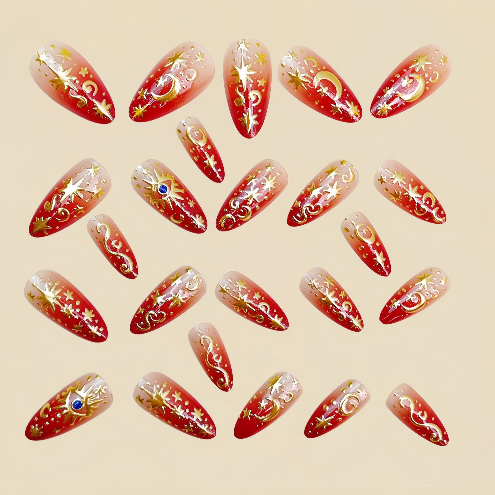 24pcs/Set Red & Gold Foil Stars & Moon Press-On Nails