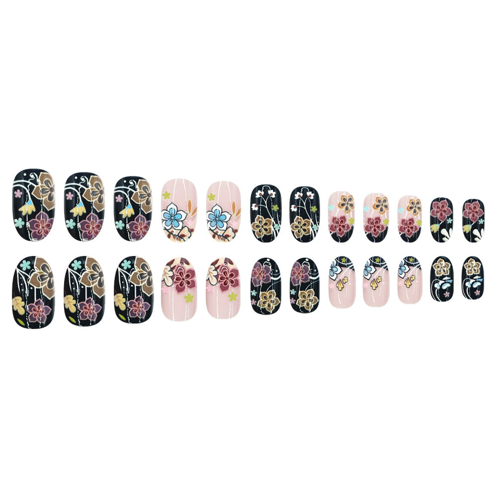24pcs/Set Black Floral Nails Press On Nails