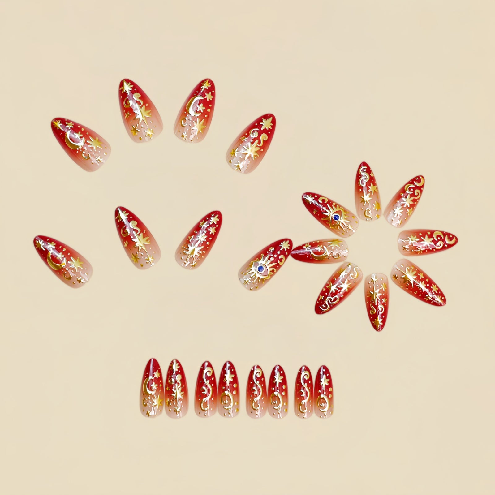 24pcs/Set Red & Gold Foil Stars & Moon Press-On Nails