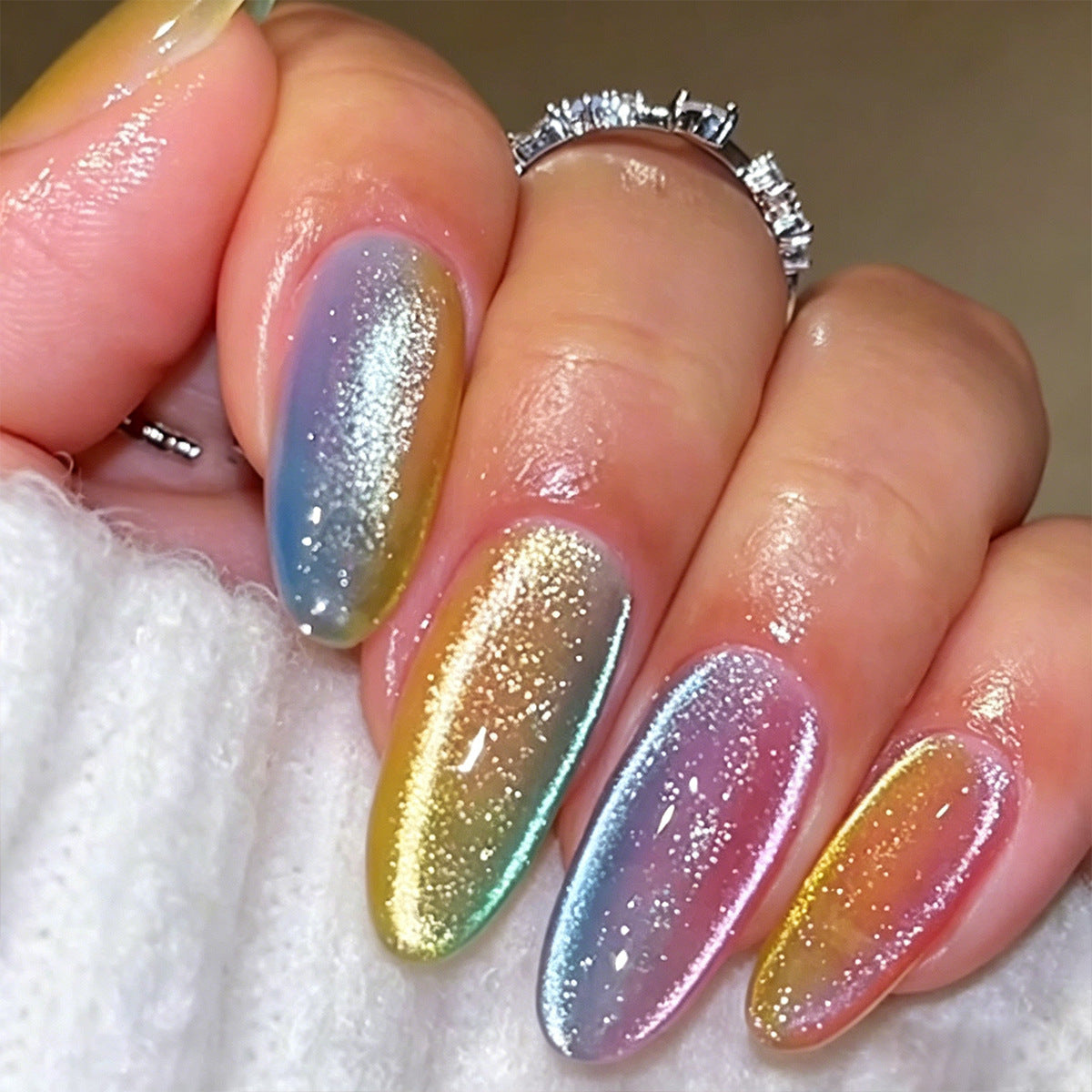 24pcs/Set Rainbow Gradient Glitter Cat Eye Press-On Nails