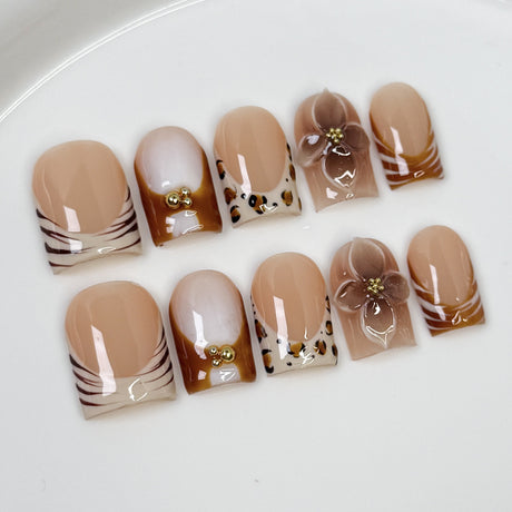 (Handmade) 10pcs/Set Leopard Print French Tips with 3D Flowers Press-On Nails