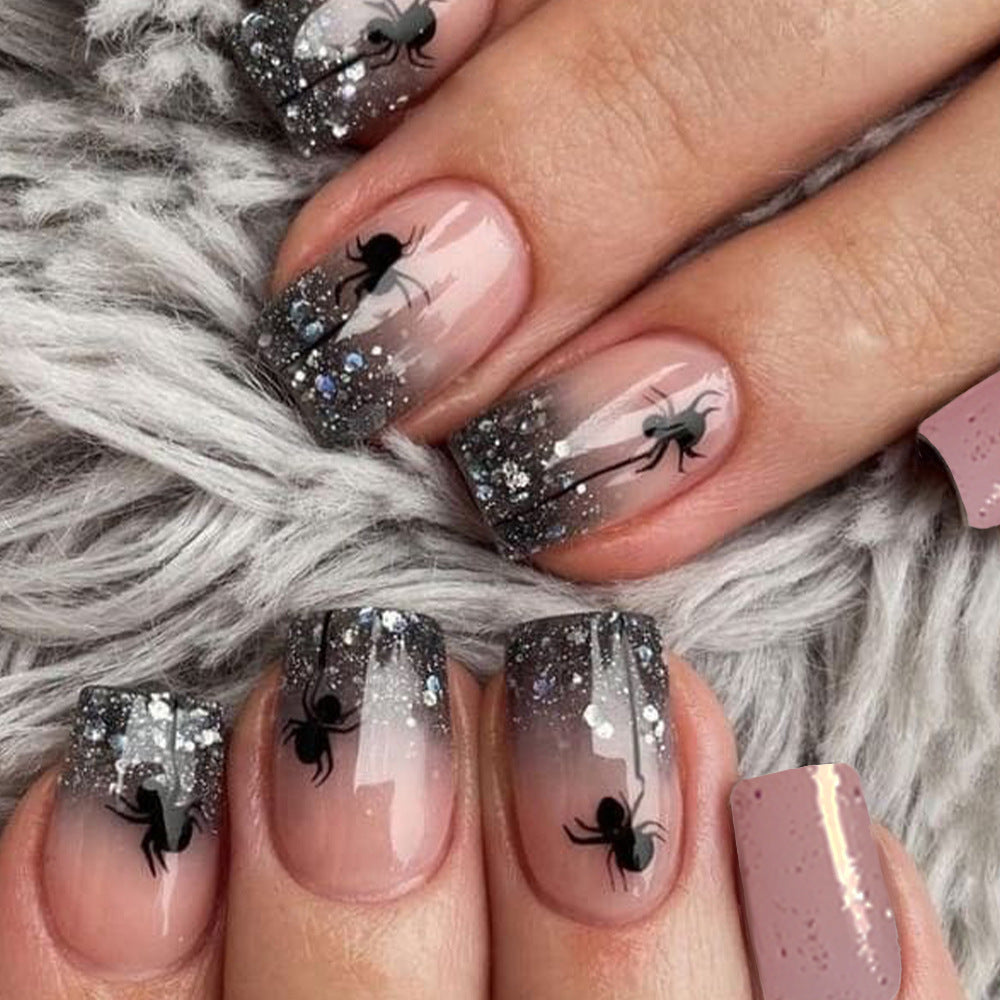 24pcs/Set Black Ombre Glitter Spider Press On Nails