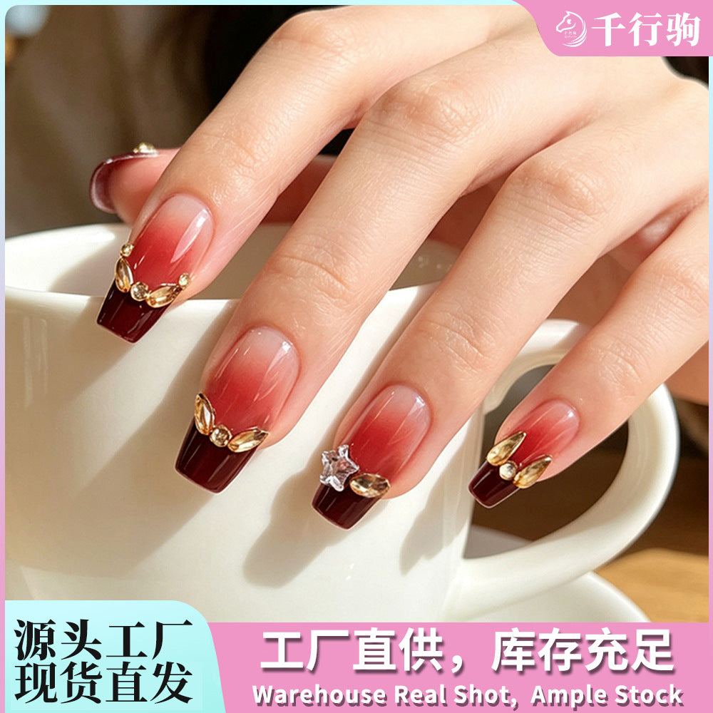 24pcs/Set Burgundy Gradient with Rhinestones Press-On Nails