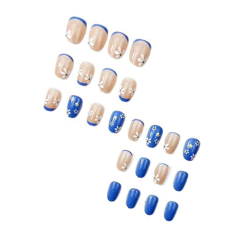 24pcs/Set Blue French Tip Bumblebee Press-On Nails