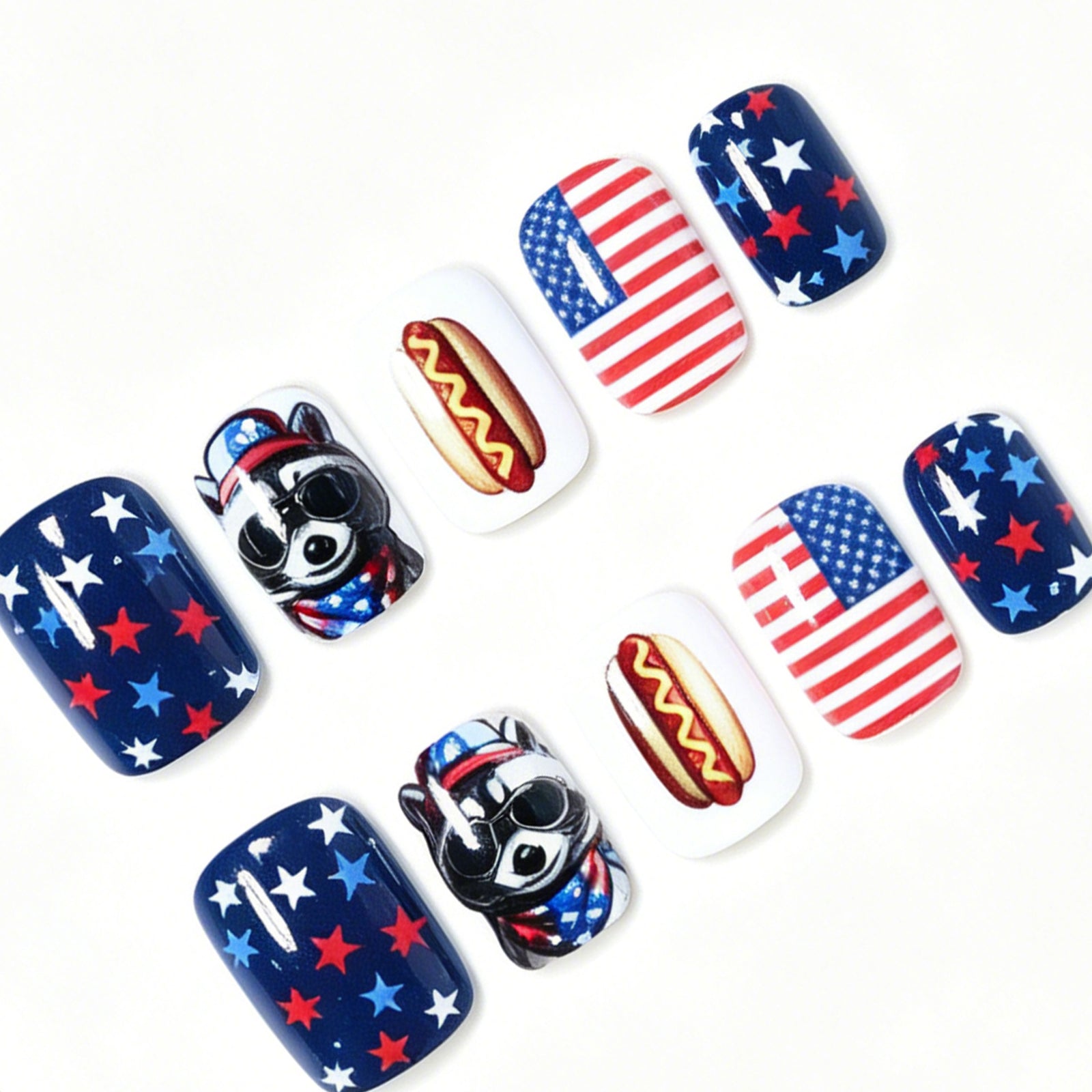24pcs/Set Raccoon, Hot Dog, Blue & Red Stars Press-On Nails