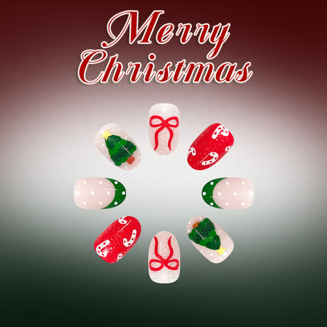24pcs/Set Green French Polka Dot Candy Canes Press On Nails