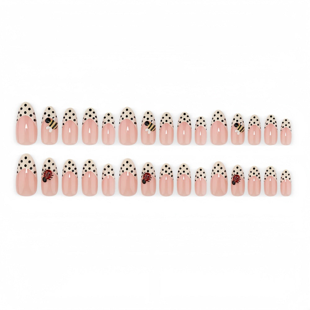24pcs/Set Black & White Polka Dot Ladybug French Press On Nails