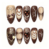 30pcs/Set Brown French Gold-Accented Bow Press On Nails
