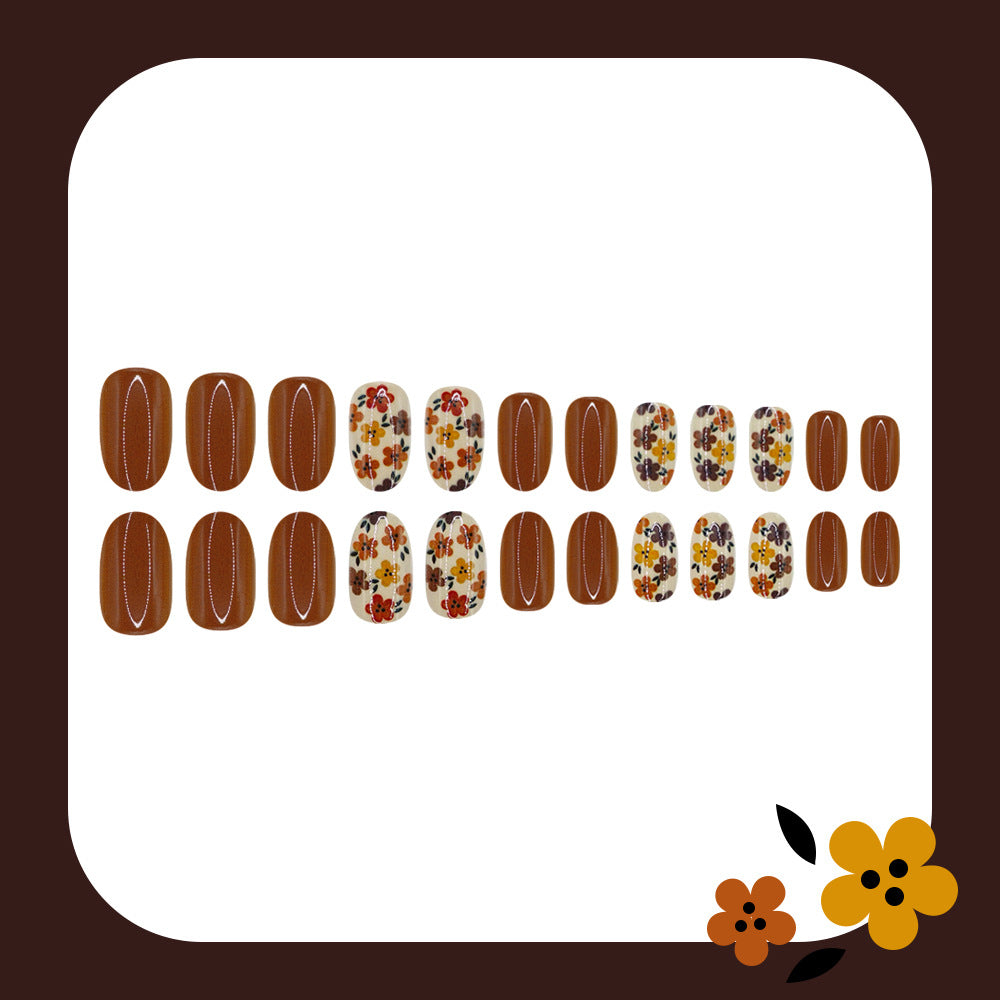24pcs/Set Brown Floral Press On Nails