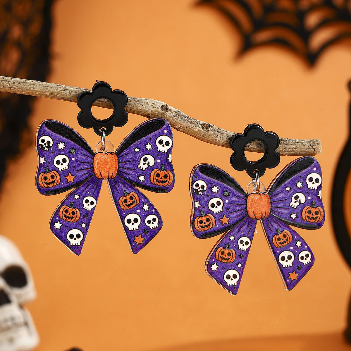 Black Bow Hollow Flower Drop Earrings