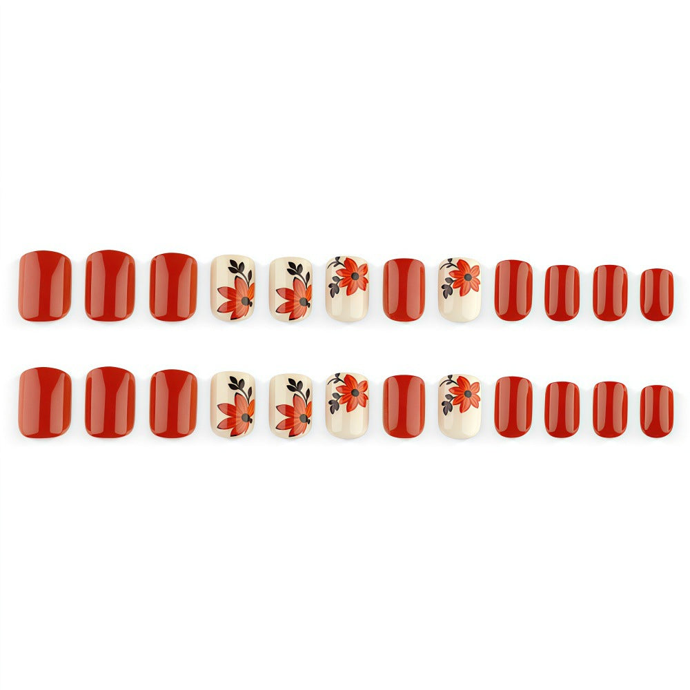 24pcs/Set Autumn Orange & Yellow Maple Leaf Flowers Press On Nails