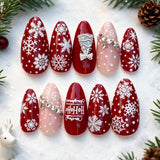 30pcs/Set 3D Burgundy Rhinestone Snowflakes Press On Nails