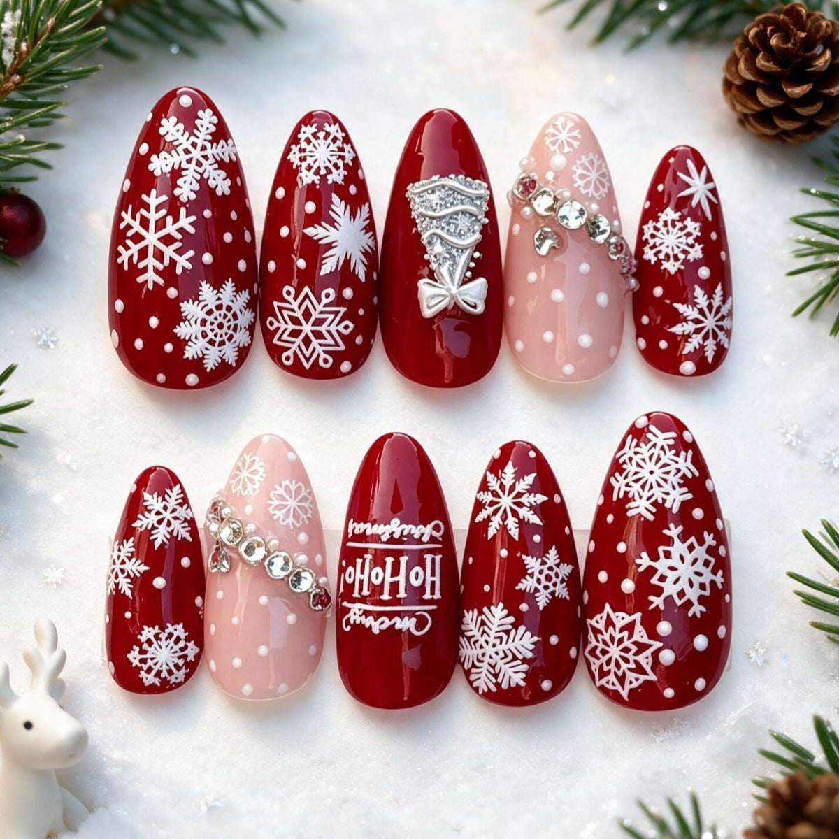 30pcs/Set 3D Burgundy Rhinestone Snowflakes Press On Nails