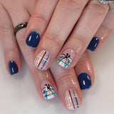 24pcs/Set Dark Blue Plaid Pumpkins Press On Nails