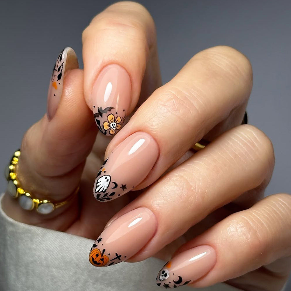 24pcs/Set Ghost Skull & Pumpkin French Press On Nails