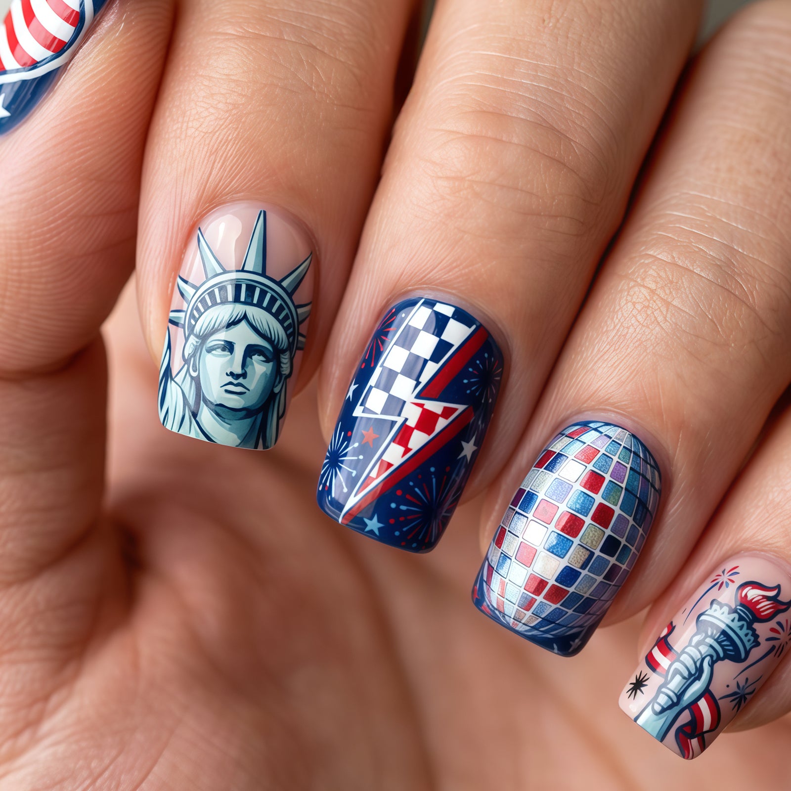 24pcs/Set Striped Lantern Ball & Statue of Liberty Press-On Nails
