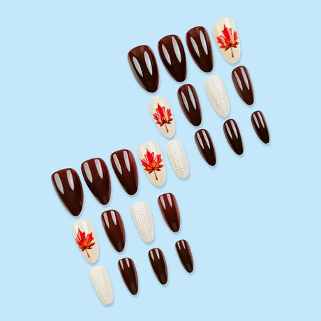 24pcs/Set Dark Brown Maple Leaves & Knit Press-On Nails