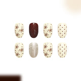 24pcs/Set Dark Brown Polka Dot Flowers Press On Nails