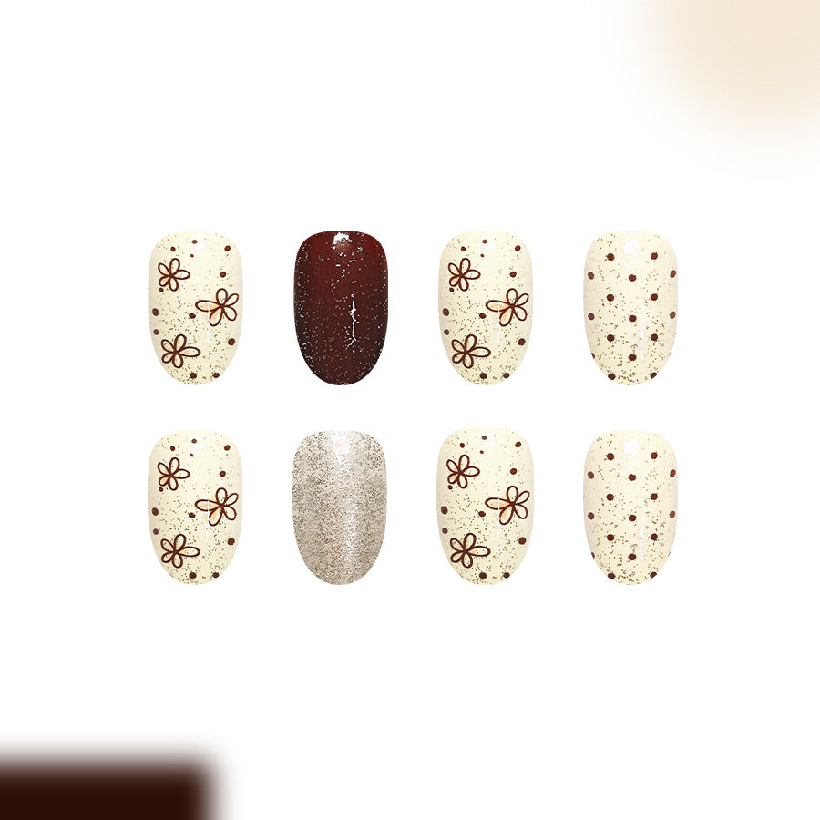 24pcs/Set Dark Brown Polka Dot Flowers Press On Nails
