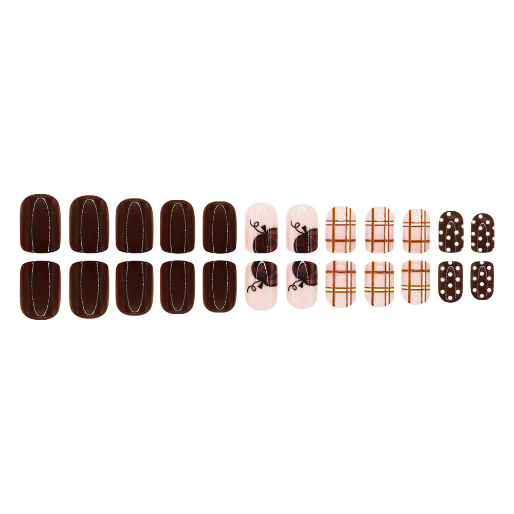 24pcs/Set Leopard Pumpkin Plaid & Polka Dots Press On Nails
