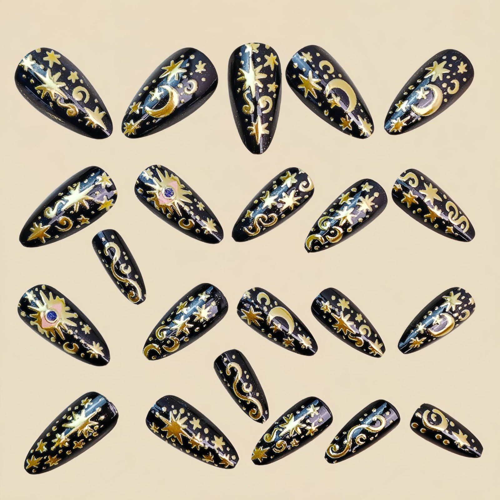 24pcs/Set Black & Gold Cat Eye Marble Nails