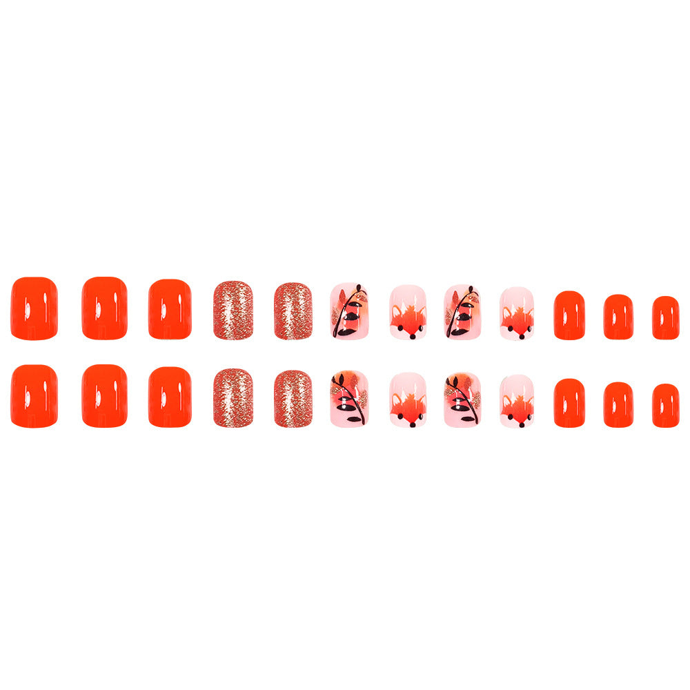24pcs/Set Autumn Orange & Pink Fox Branches Press On Nails