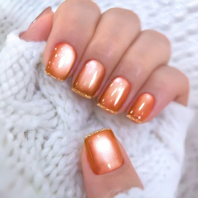 24pcs/Set Gold Edge Orange Cat Eye Press On Nails