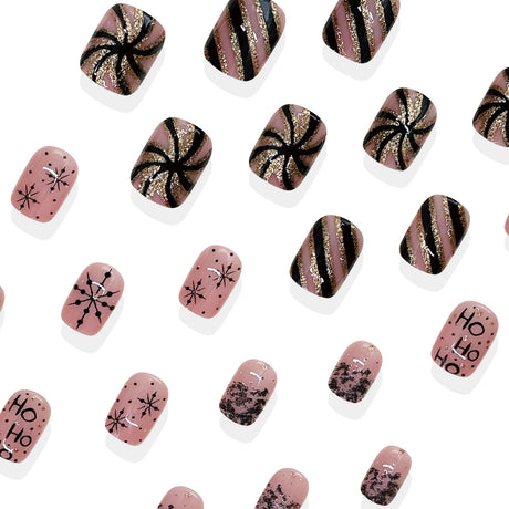 24pcs/Set Nude Pink Black & Gold Snowflakes Press On Nails