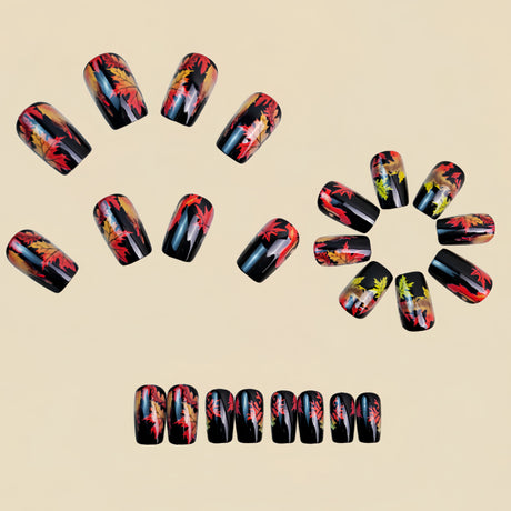 24pcs/Set Black Multicolor Maple Leaves Press On Nails