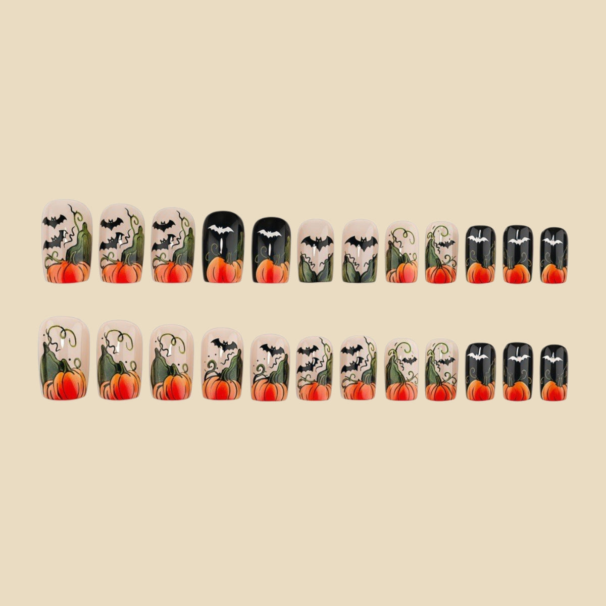 24pcs/Set Pumpkin Vines & Black Bats Press On Nails