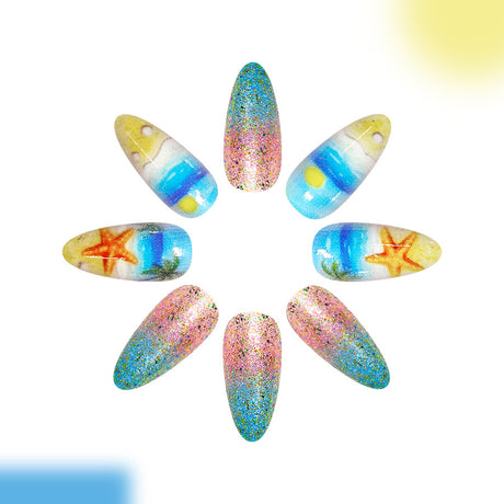 24pcs/Set Blue Gradient Glitter Starfish Press-On Nails