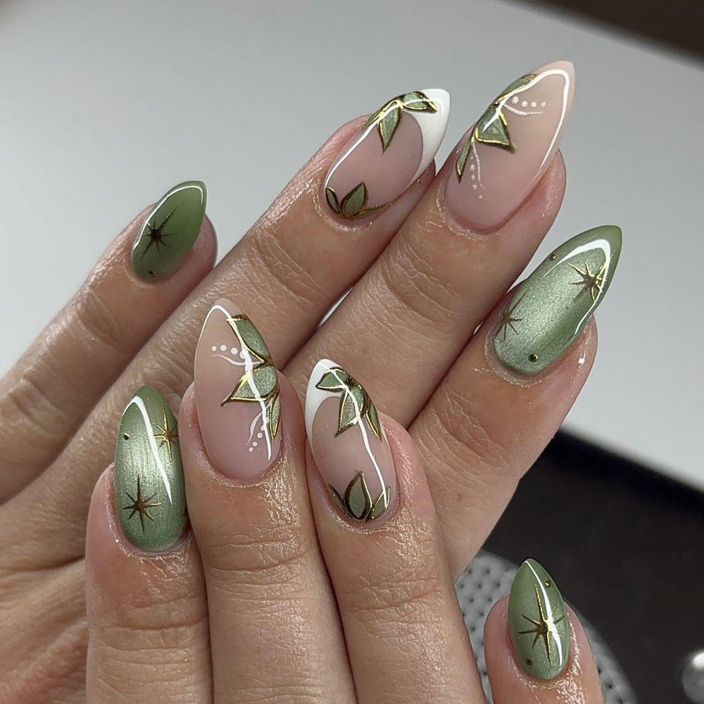 24pcs/Set Gold Foil Floral Leaf Cat Eye French Press-On Nails