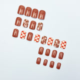 24pcs/Set Brown Checkerboard Floral Press-On Nails