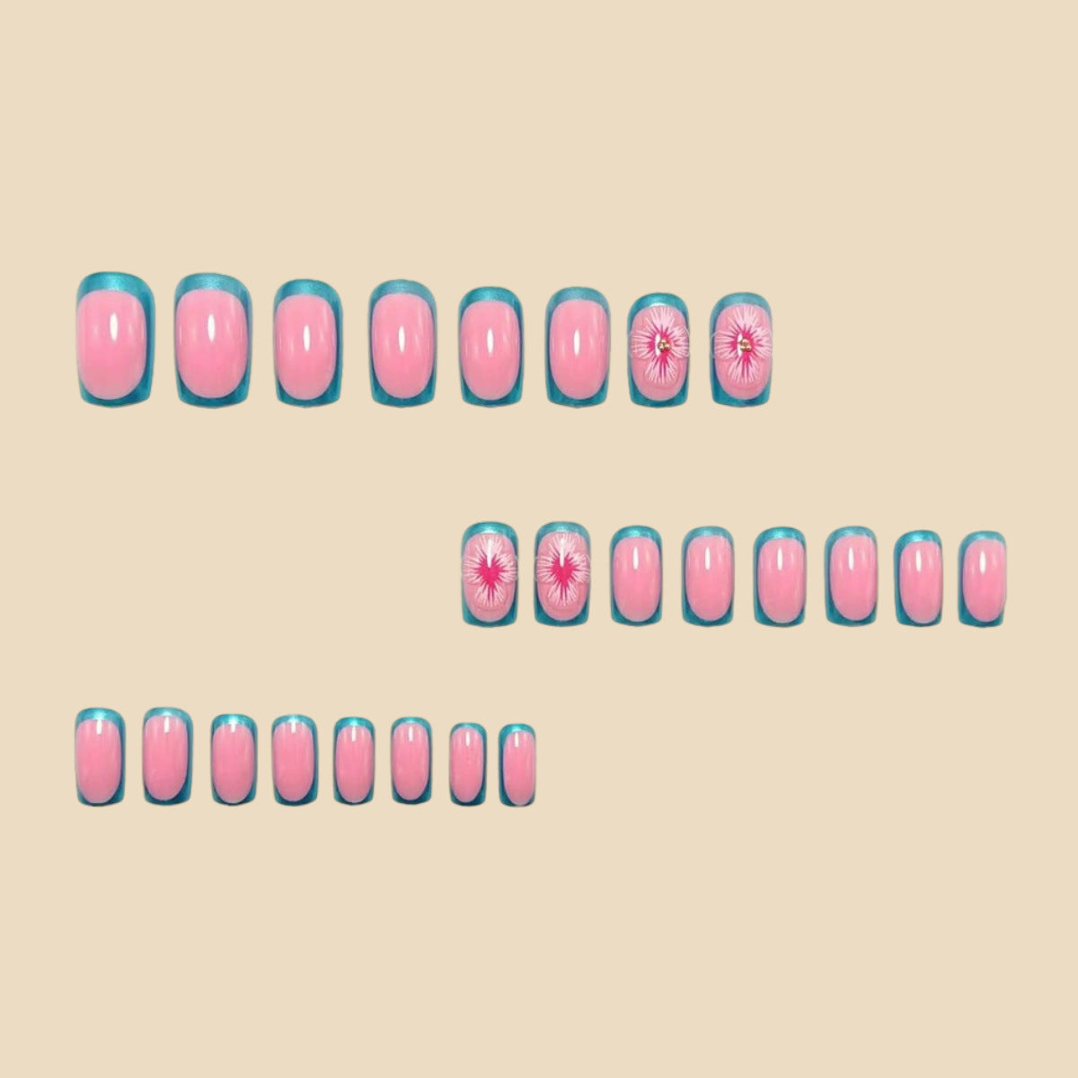 24pcs/Set Pink and Green Color-Block French Tips with 3D Flowers Press-On Nails