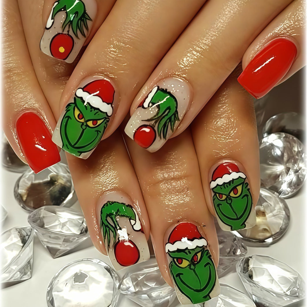 24pcs/Set Short Oval Glitter Grinch Christmas Press-On Nails