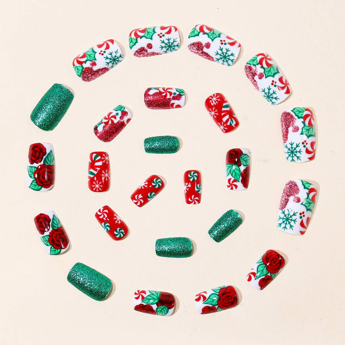 24pcs/Set Floral Candy Cane Snowflakes Press-On Nails