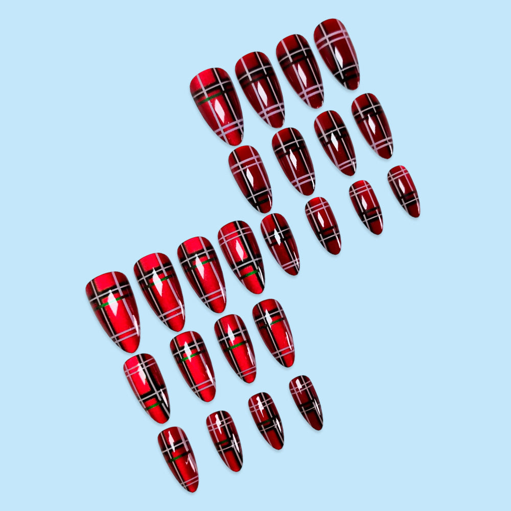 24pcs/Set Red & Black Striped Cat Eye Press On Nails