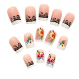 24pcs/Set Watercolor Floral French Black Lace Press-On Nails