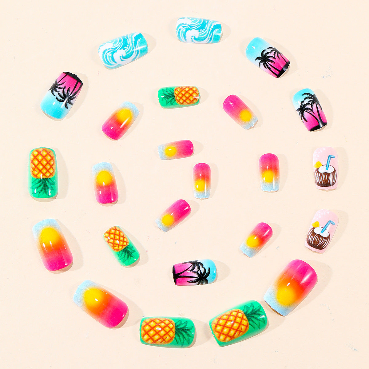 24pcs/Set Beach Sunset Gradient with Palm Trees & Pineapple Press-On Nails
