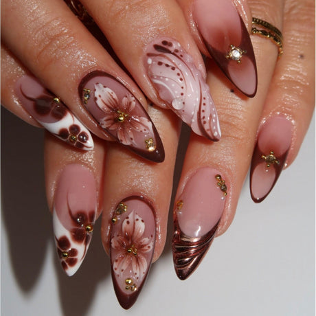 24pcs/Set French Tip Gold Foil 3D Floral Press-On Nails