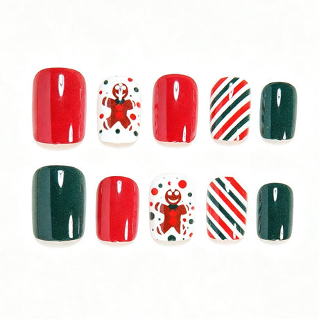 24pcs/Set Red & Green Stripes with Gingerbread Man Press-On Nails