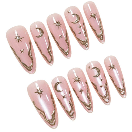 30pcs/Set Gold-Trimmed Irregular French Moon & Stars Press On Nails