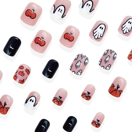 24pcs/Set Pumpkin & Ghost Doodle Press On Nails