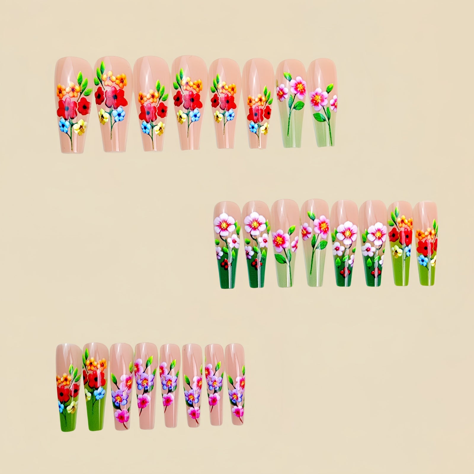 24pcs/Set Green Botanical Floral Press-On Nails
