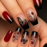 24pcs/Set Black & Red Ombre Butterfly Press On Nails
